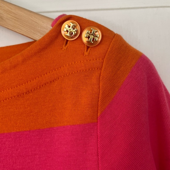 Tory Burch Bright Pink/Orange Striped Boatneck Top, logo on hip and buttons, S - Picture 4 of 6